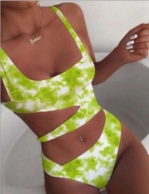 Fashion Green Print Printed Hollow Tie-dye One-piece Swimsuit