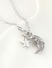 Fashion White Crystal Pentagram Moon Alloy Necklace