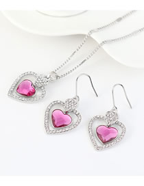 Fashion Fuchsia Crystal Diamond Love Hollow Alloy Earring Necklace Set