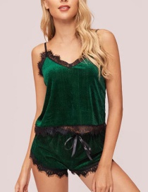 Fashion Green Sling Lace Stitching Pajamas Set