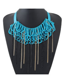 Fashion Blue Fringed Rice Bead Woven Chain Collar Necklace