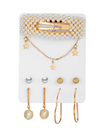 Fashion Golden Pentagram Pearl Geometric Necklace Hairpin Earring Set