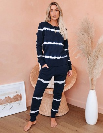 Fashion White Stripe On Blue Background Striped Long-sleeved Top Trousers Two-piece Home Service