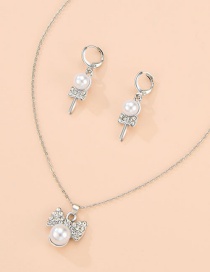 Fashion Silver Alloy Diamond Pearl Bow Necklace Earrings