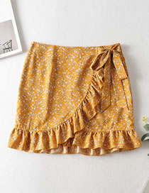 Fashion Yellow Printed Ruffled Cross Skirt With Lace At Waist