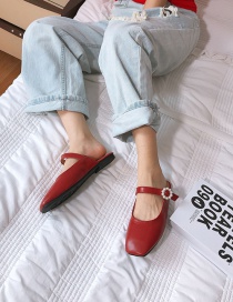 Fashion Red Wine Pearl Buckle Flat Toe Half Slippers