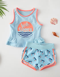 Fashion Blue Letter Printed Ruffled Stitching Childrens Swimwear Swim Trunks