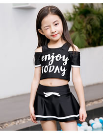 Fashion Black Alphabet Print Off-shoulder Childrens Split Swimsuit