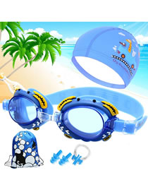 Fashion Blue Crab + Pu Cap Four Piece Set Crab Anti-fog Waterproof Childrens Swimming Goggles Animal Print Swimming Cap