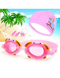 Fashion Three-piece Pink Crab Mirror + Pink Pu Cap Crab Star Anti-fog Waterproof Childrens Swimming Goggles Animal Print Swimming Cap