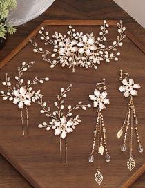 Fashion Golden Handmade Beaded Pearl Flower Drop Oil Alloy Hairpin Ear Clip Hair Band Set
