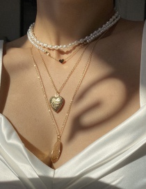 Fashion Golden Openable Peach Heart Geometric Imitation Pearl Portrait Multi-layer Necklace