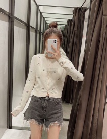 Fashion White Embroidered Embroidery Knit Single-breasted Sweater Coat