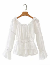Fashion White One-collar Hollow Embroidered Wood Ears Elastic Waist Shirt