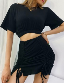 Fashion Black Pleated Slim-fit Pullover T-shirt Waist Drawstring Hip Skirt Suit
