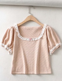 Fashion Pink Rose Flower Lace Stitching Hollow Short-sleeved Knitted T-shirt