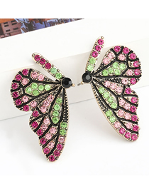Fashion Rose Red Alloy Diamond Butterfly Earrings