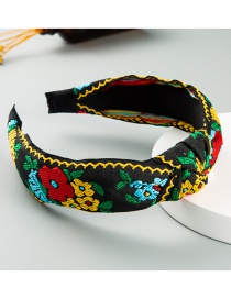 Fashion Black Color Fabric Embroidery Flower Knotted Wide-brim Hair Band