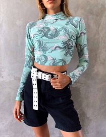 Fashion Color Dragon Print Slim Short Long Sleeve Top