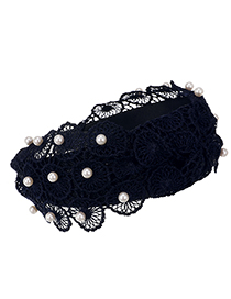 Fashion Navy Lace Flower Pearl Knotted Hair Band