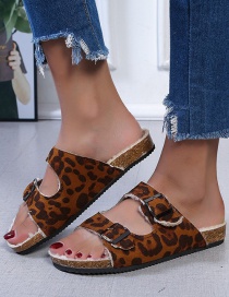 Fashion Leopard Square Buckle Plush Round Head Flat Sandals And Slippers