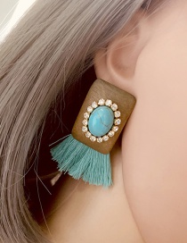 Fashion Blue Wood With Diamonds And Turquoise Tassel Earrings