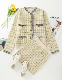Fashion Yellow Striped Single-breasted Knit Cardigan Top Elastic Waist Skirt Suit