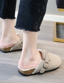 Fashion Beige Plus Velvet Warm Belt Buckle Baotou Cotton Slippers