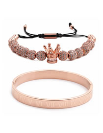 Fashion Set Rose Gold Roman Alphabet Stainless Steel Crown Diamond Ball Braided Bracelet Set