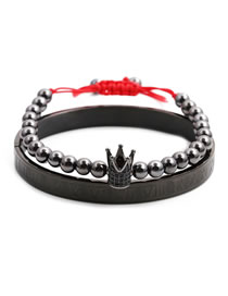 Fashion Gun Black Roman Alphabet Stainless Steel Crown Braided Adjustable Bracelet Set