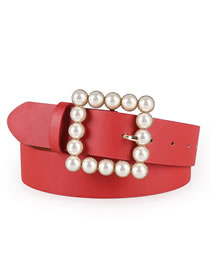 Fashion Red Japanese Word Inlaid Pearl Square Buckle Belt