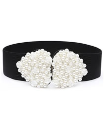 Fashion Black Love Pearl Beaded Flower Elastic Wide Belt