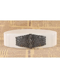 Fashion White Double Buckle Carved Elastic Elastic Wide Belt