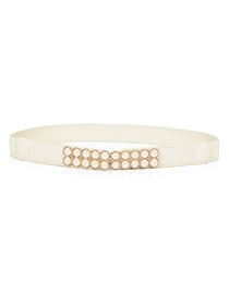 Fashion Creamy-white Elasticated Pearl Double Buckle Geometric Thin Belt