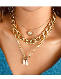Fashion Golden Love Thick Chain Lock Alloy Multilayer Necklace