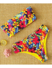 Fashion Blooming Flowers + Yellow Tube Top Print One-shoulder Split Swimsuit