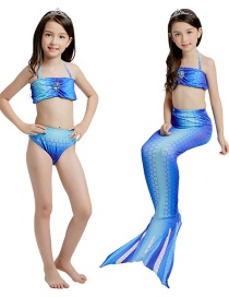 Fashion Sling + Gradient Blue Mermaid Swimming Skirt Halter Tie-dye Printed Childrens Mermaid Split Swimsuit