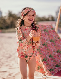 Fashion Pink Flowers 2-piece Swimsuit Long-sleeved Flower Print Ruffled Quick-drying Swimsuit For Children