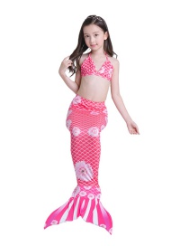 Fashion Watermelon Red Chrysanthemum Tethered Halter Print Childrens Mermaid Split Swimsuit