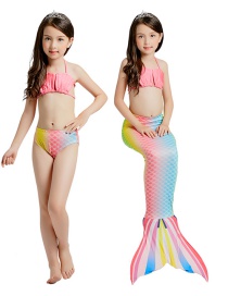 Fashion Shell + Gradient Rainbow Color Striped Contrast Print Childrens Mermaid Split Swimsuit