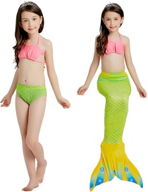 Fashion Shell + Candy Fruit Green Striped Contrast Print Childrens Mermaid Split Swimsuit