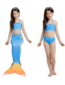 Fashion Sky Blue Mermaid Dress Striped Print Childrens Mermaid Split Swimsuit