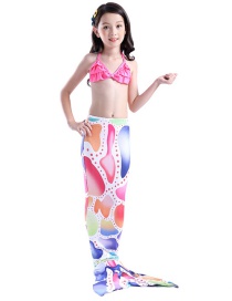 Fashion Color Mixing Printed Pleated Childrens Mermaid Split Swimsuit
