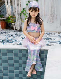 Fashion Seven Colors-three-piece Swimsuit Bowknot Printed Net Yarn Childrens Mermaid Split Swimsuit