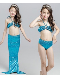 Fashion Blue Mermaid Swimming Dress Halter Hollow Childrens Mermaid Split Swimsuit