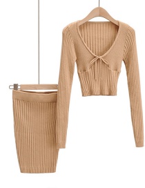 Fashion Khaki Lace-up Knitted T-shirt + Slim Skirt Suit