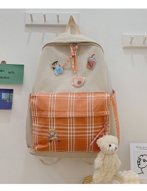 Fashion Orange Send Bear Pendant Contrast Checkered Nylon Fabric Backpack