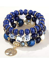 Fashion Royal Blue Alloy Tree Of Life Pendant Crystal Beaded Multilayer Bracelet