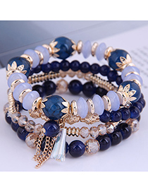 Fashion Navy Blue Crystal Beads Beaded Tassel Geometric Multilayer Bracelet