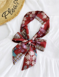 Fashion Deer Lotus Wine Red Satin Printed Bow Ribbon Long Ribbon Silk Scarf